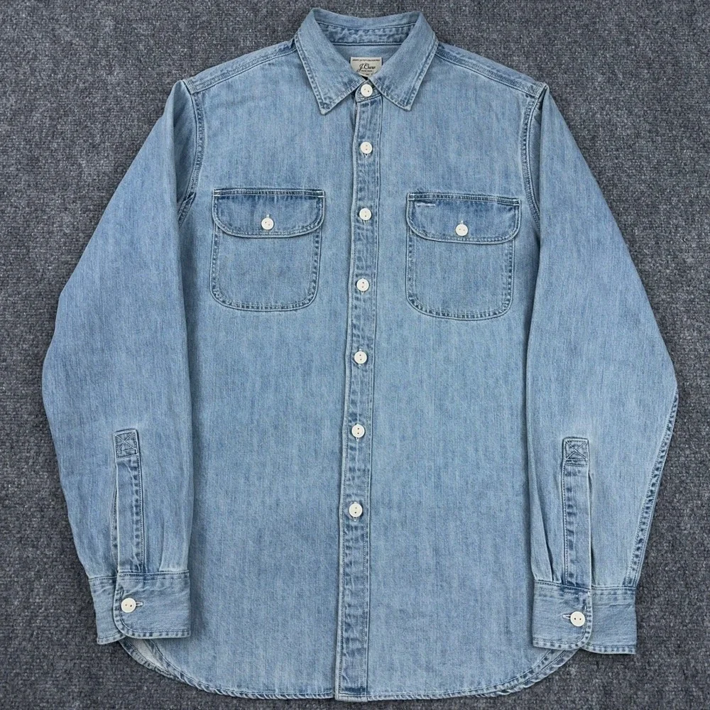 J.Crew Midweight Denim Workshirt Mens Small Light Wash Long Sleeve Utility BT744